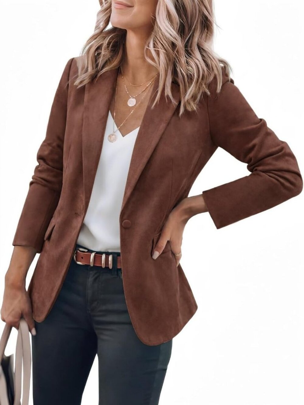 Chic Women's Faux Suede Blazer Jacket - Long Sleeve Workwear for Fall